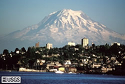 Mt Rainer is the classic view of a volcanic cone, with summit craters,steep slopes and some snow! USGS